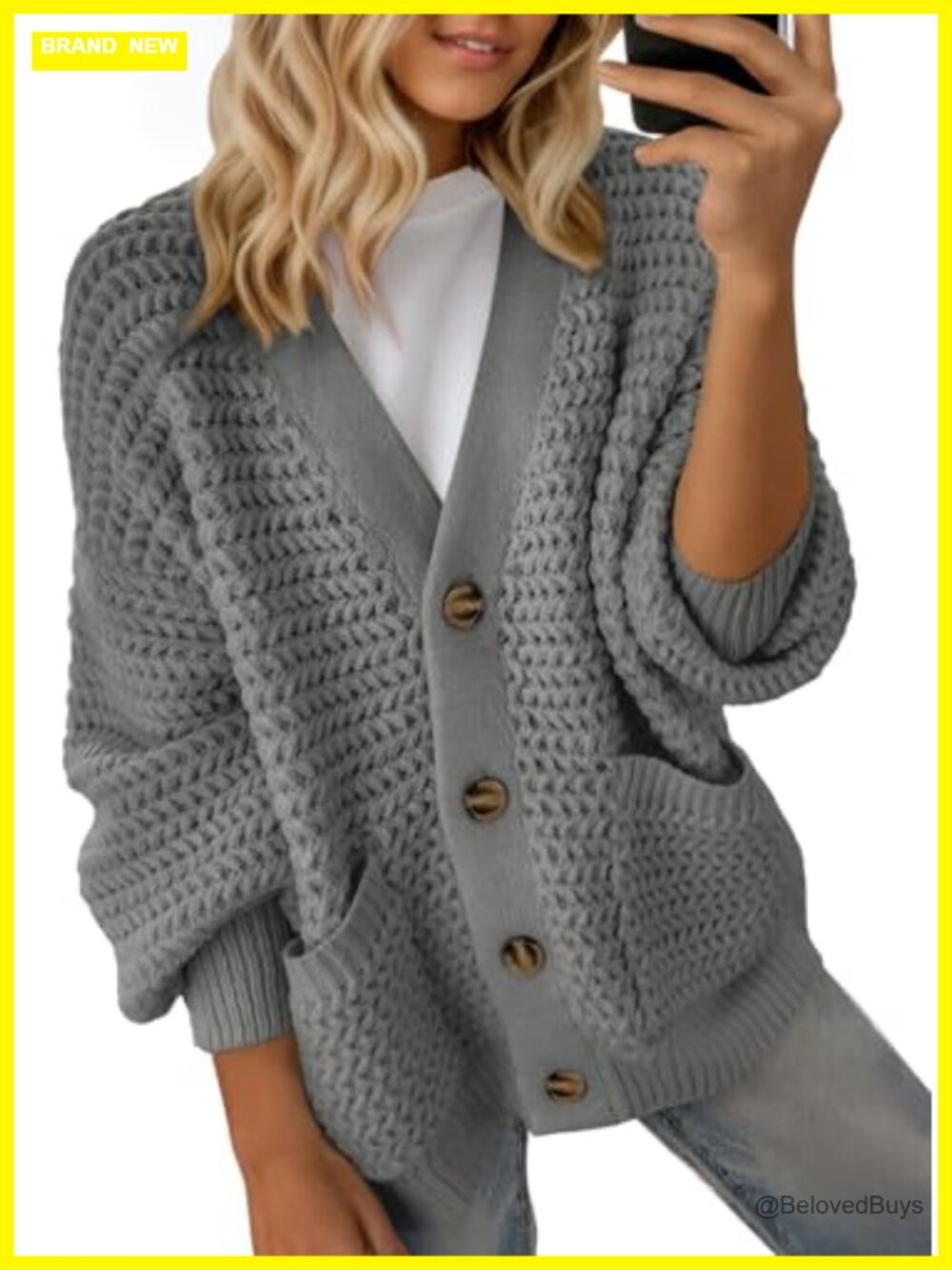 Women's Chunky Knit Open Front Cardigan Long Sleeve V-Neck Button Sweater